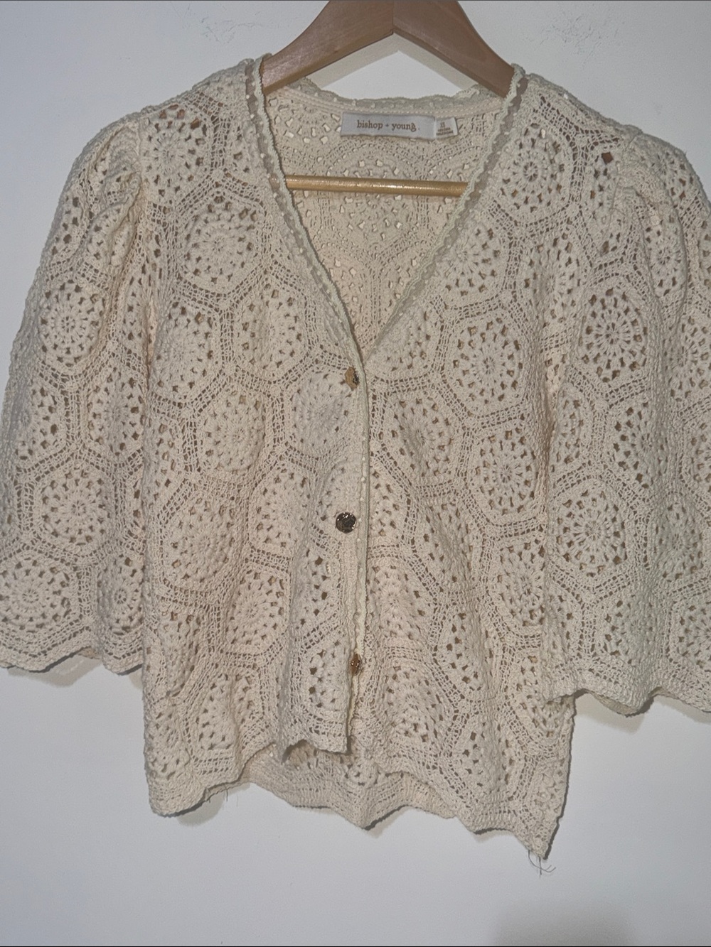 bishop + young Cream Crochet Button-Front Cardigan with gold accent buttons XS